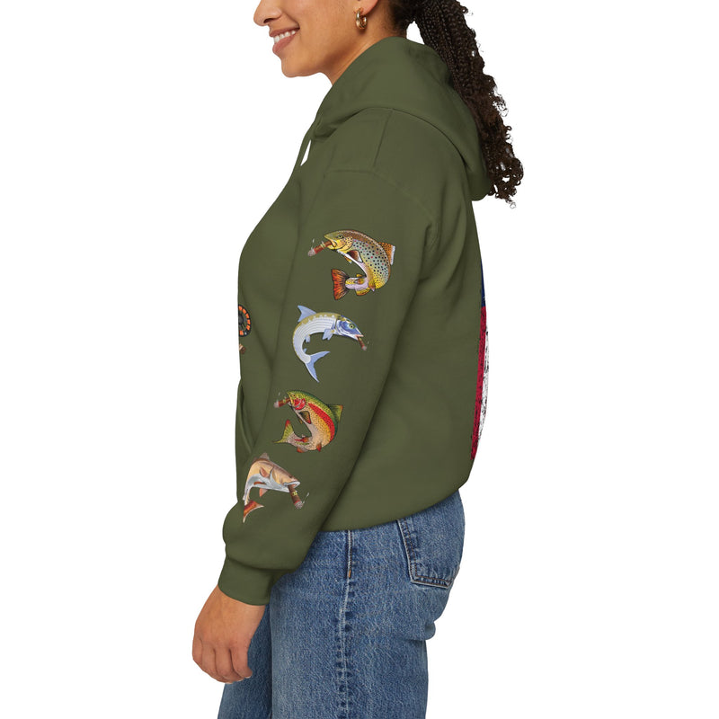 Load image into Gallery viewer, Smokin' Skull and Mega-Fish Patriot Hoodie Sweatshirt