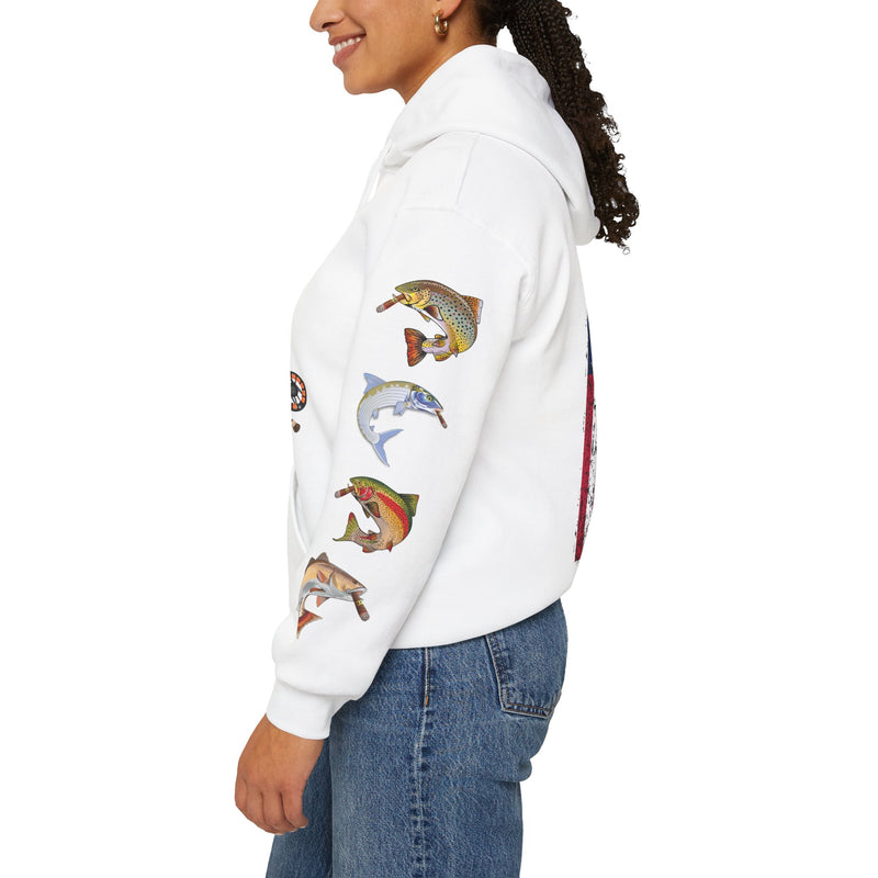 Load image into Gallery viewer, Smokin' Skull and Mega-Fish Patriot Hoodie Sweatshirt