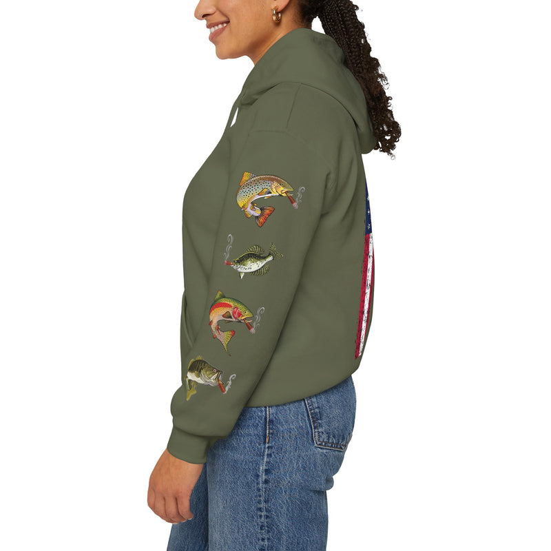 Load image into Gallery viewer, SMOKIN' Skull Mega-Fish Patriot Hoodie
