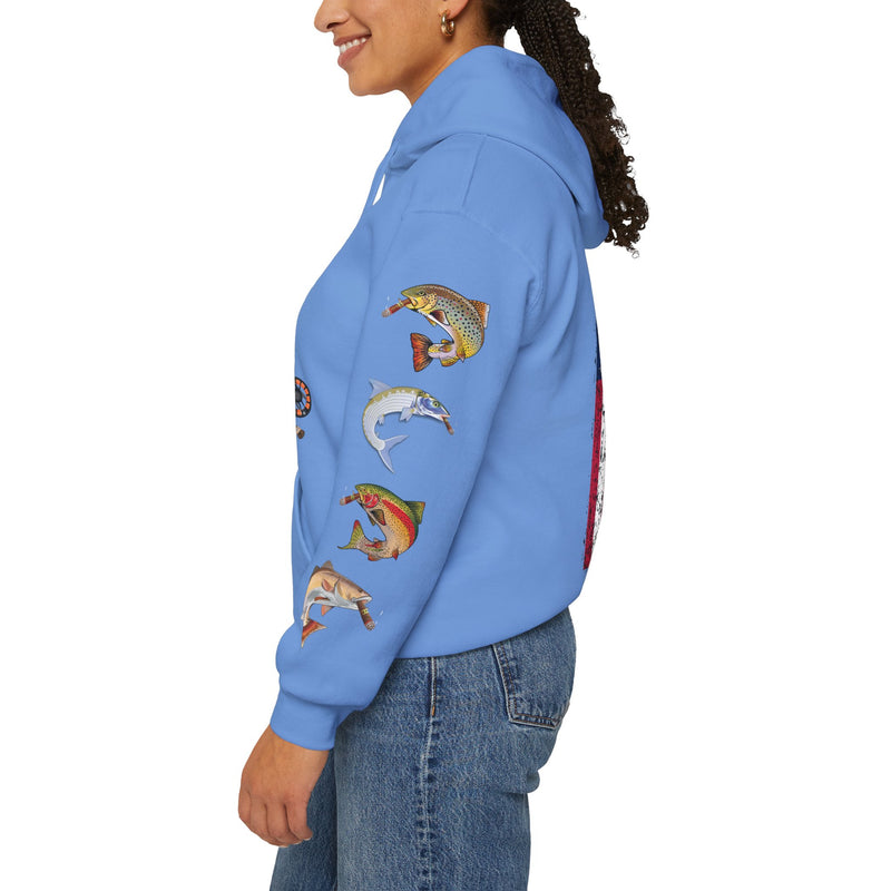 Load image into Gallery viewer, Smokin&#39; Skull and Mega-Fish Patriot Hoodie Sweatshirt
