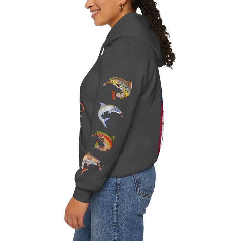 Load image into Gallery viewer, Smokin&#39; Skull and Mega-Fish Patriot Hoodie Sweatshirt
