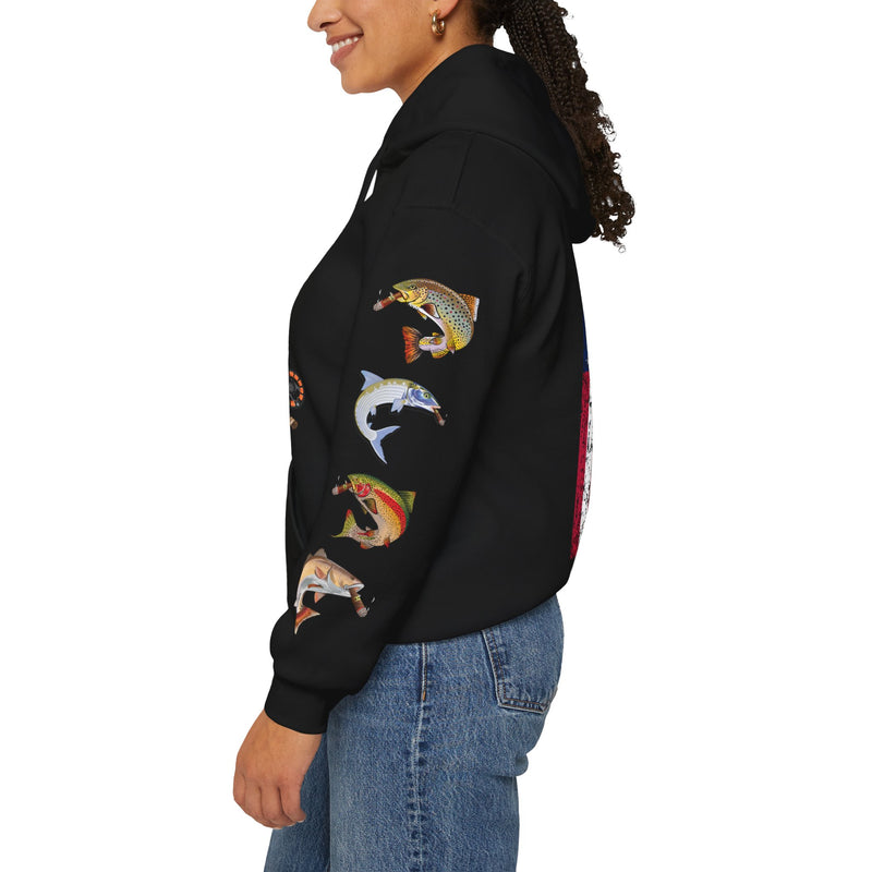 Load image into Gallery viewer, Smokin&#39; Skull and Mega-Fish Patriot Hoodie Sweatshirt
