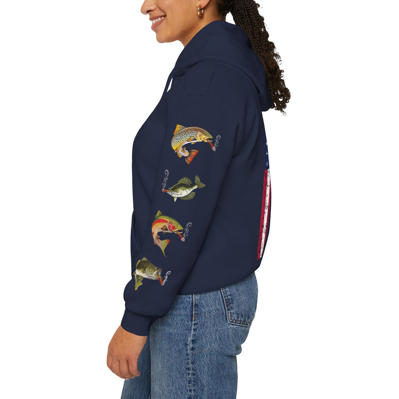Load image into Gallery viewer, SMOKIN' Skull Mega-Fish Patriot Hoodie
